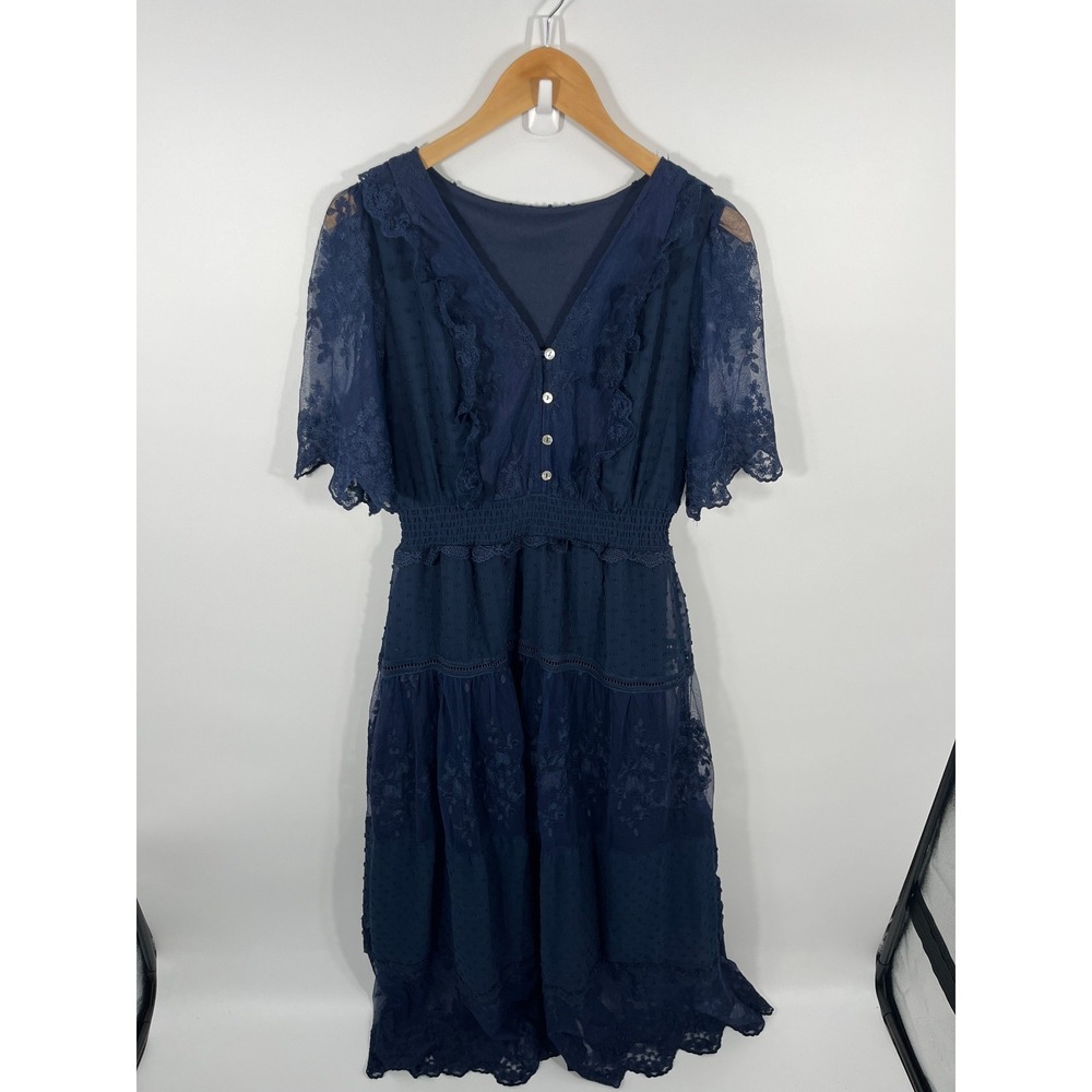 Women Lace Short Sleeve Maxi Dress M Navy Blue Modest Wedding Guest Formal Event